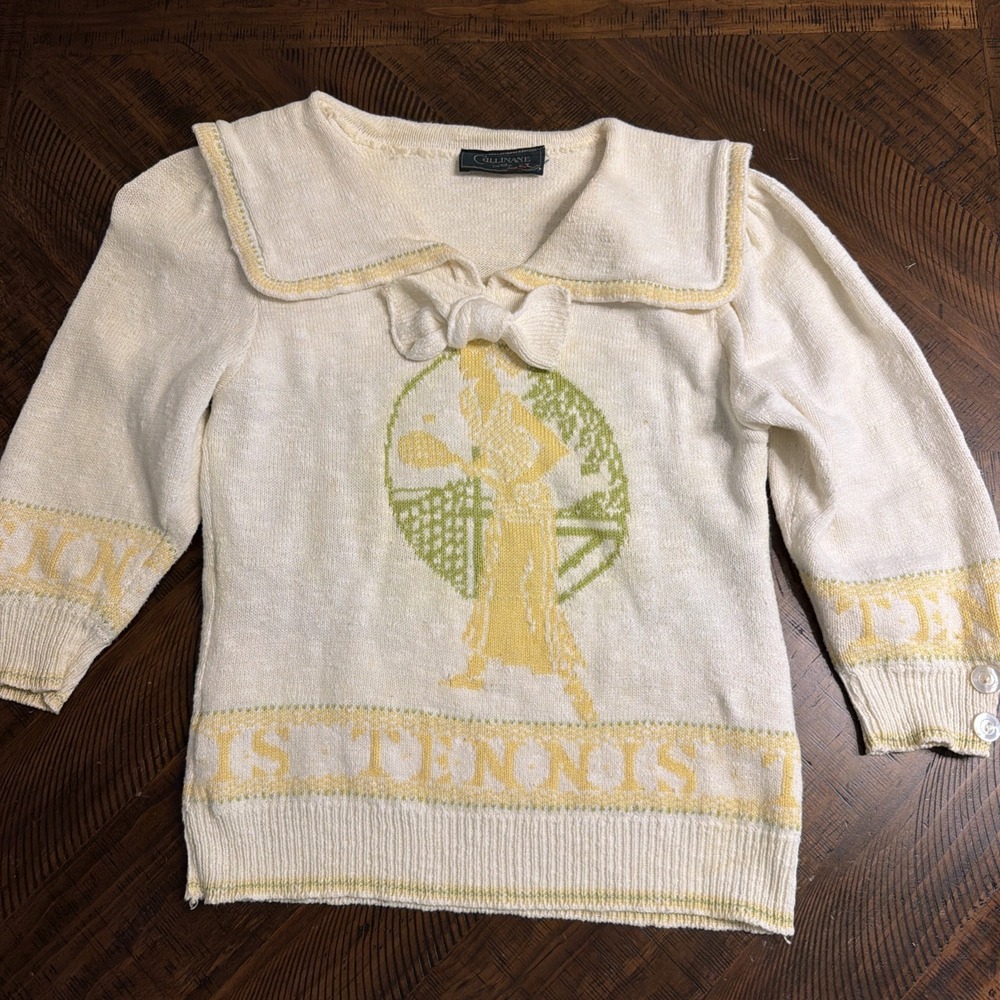 Cullinane Petites S Vintage Hand Knitted Tennis Theme Sweater Square Collar